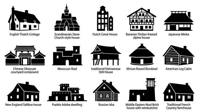 Architecture  Housing: Global Traditional House Silhouette Icons Set