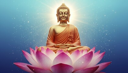Fototapeta premium Golden Buddha statue meditating on pink lotus flower, serene spiritual deity with glowing aura, zen religious background for mindfulness
