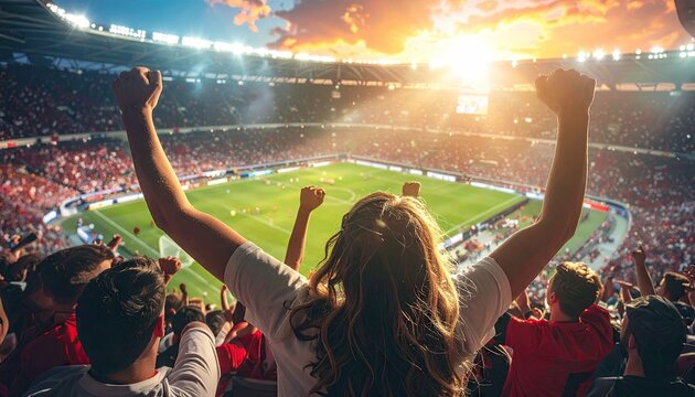 Sports fans cheer with hands raised celebrating a goal during a soccer match at a packed stadium during sunset with dramatic lighting illuminating the field