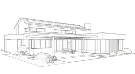 Fototapeta premium Architectural line drawing of a modern house with a large patio, outdoor furniture, and solar panels on the roof.