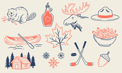 Artistic Canada Theme Doodle Set. Rustic Hand-Drawn Canadian Souvenir Graphic Elements for Modern Craft Projects with Maple Syrup Beaver Log Cabin Poutine Canoe and Mountie Hat © Irnan