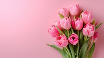 Fototapeta premium diffused. A bouquet of pink tulips arranged in a soft pastel composition, creating a spring floral aesthetic. gardening catalogs, home-decor guides, designed for gardening and botanical catalogs.