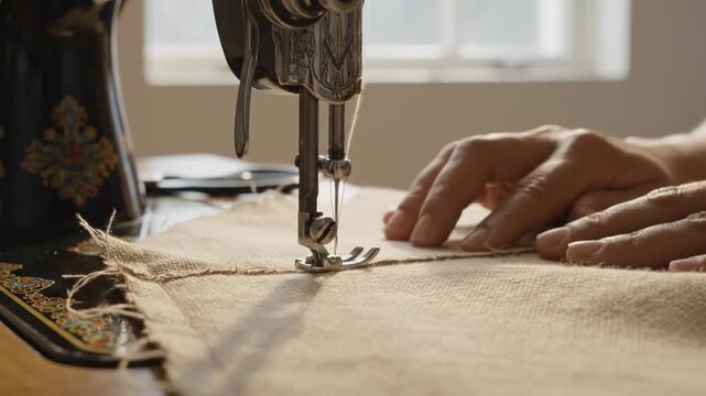 Close up of hands sewing fabric with vintage machine in natural light