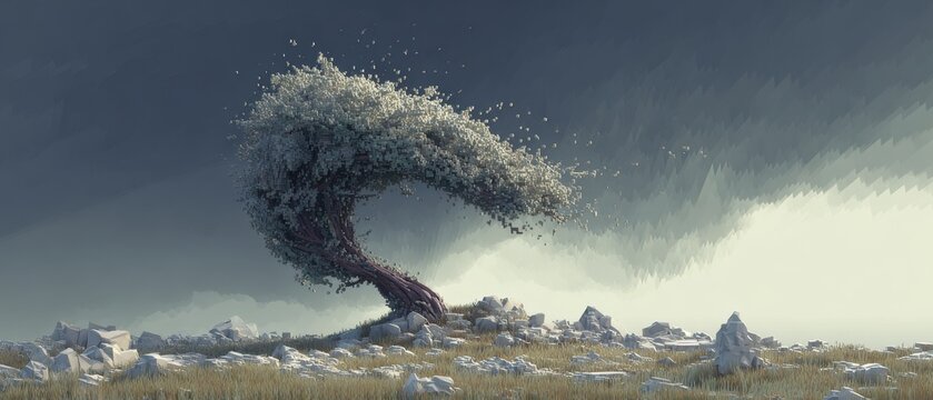 Blustering Wind with Swirling Leaves Around a Unique Tree