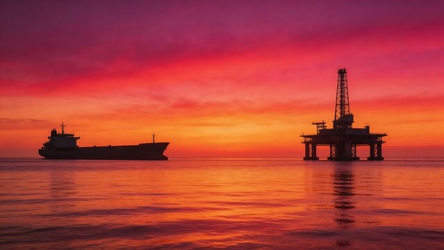 Oil rig and ship at sunset
