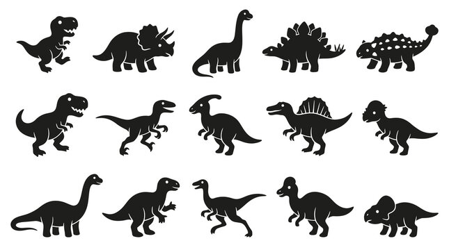 Cute Cartoon Dinosaur Glyphs Set - Prehistoric Animal Silhouettes for Kids Design