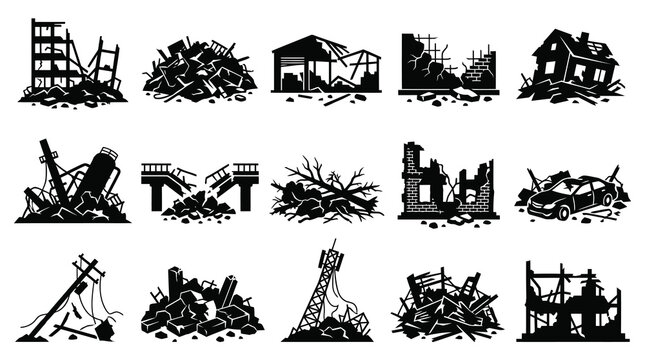 Disaster Damage Black White Silhouette Vector Icons: Ruined Buildings, Debris, and Wreckage