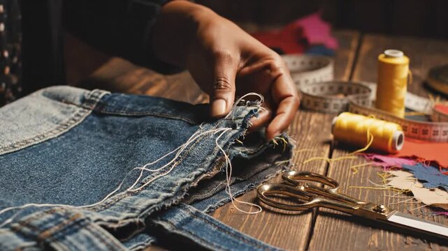 Hands sewing denim fabric with thread and needle on wooden table