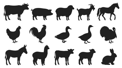 Fototapeta premium Farm Animals Silhouette Set - Livestock, Poultry, Domestic Animals Icons