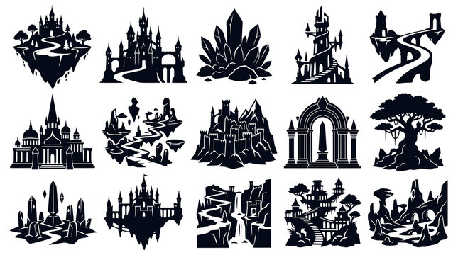 Fantasy Castle Silhouette Icons Set - Magical Realm Vector Art