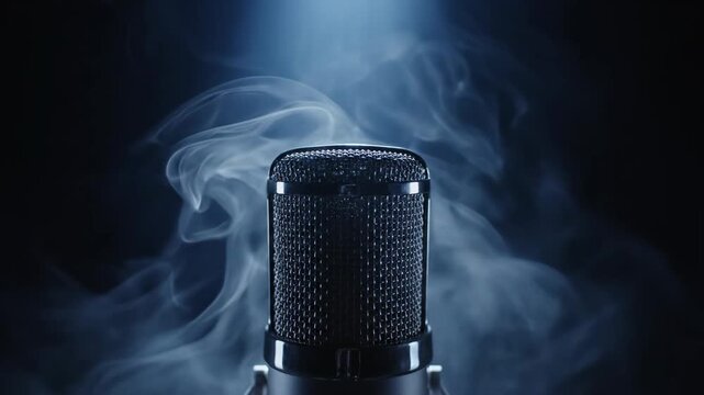 A professional studio condenser microphone is dramatically illuminated by a spotlight as smoke billows around it.
