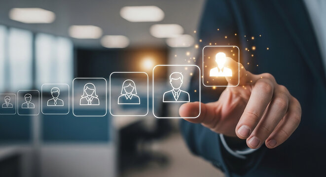 Choosing the best candidate from a selection of employee profiles with a hand selecting a person from a digital interface