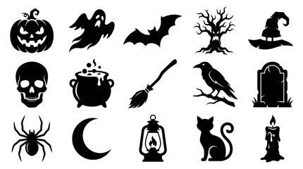 Obraz premium Halloween Icons Set - Black Silhouettes of Pumpkin, Ghost, Bat, Tree, Hat