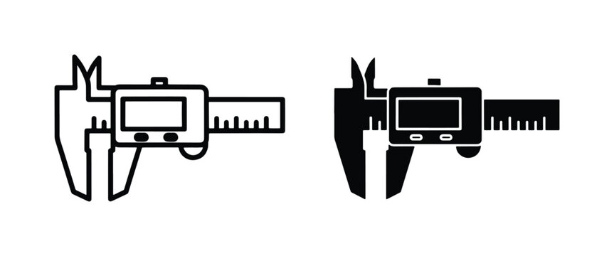 Digital caliper vector icons set, industrial vernier caliper measurement tool, black outline and silhouette precision gauge symbols for engineering