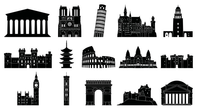 Global Travel  Architecture: Black  White Silhouette Icons of World Landmarks Set