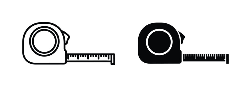 Tape measure vector icons, construction measuring tool set, retractable ruler line and silhouette graphics for carpentry and home improvement projects