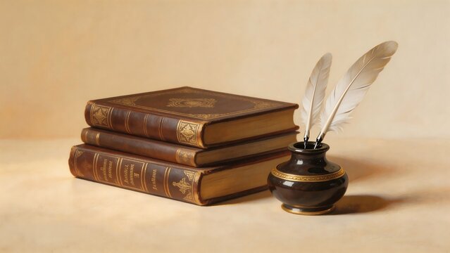 Stack of old books and feather quill