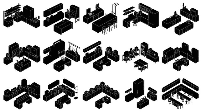 Isometric Scientific  Industrial Lab, Kitchen  Office Furniture Set: BW Line Art