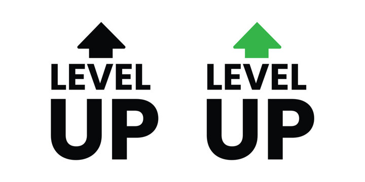 Level up text with rising arrow icon for gaming and personal growth concept. progress and achievement symbol for success. Vector illustration