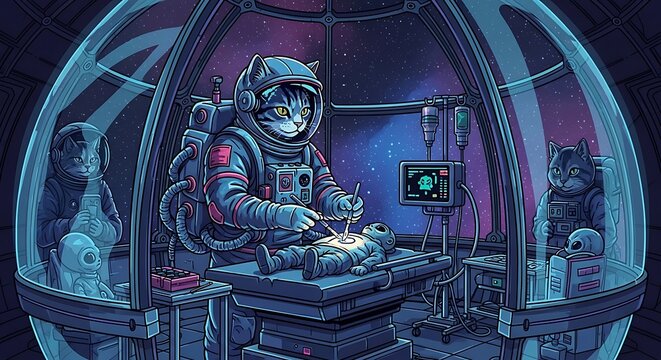 An artistic illustration depicting a cat in an astronaut suit performing surgery on an alien creature inside a spaceship