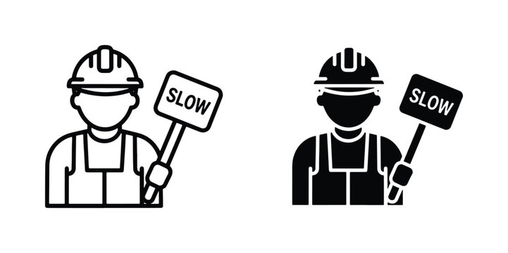 Construction worker icon set, road maintenance flagger holding slow sign, industrial safety professional in hard hat and vest, black line and silhouette vector