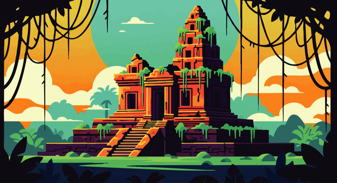 Explore the captivating mystery of ancient temple ruins, adorned with lush jungle vines and set against a vibrant tropical sky, an adventure into forgotten civilizations