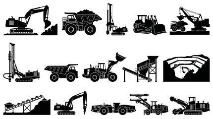Obraz premium Mining Equipment Black and White Glyph Vector Icons Set