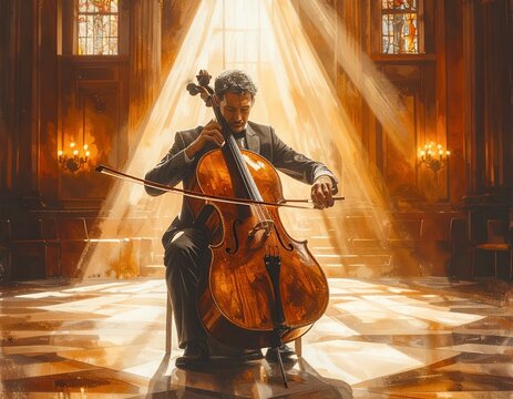 Musician Playing Cello in a Sunlit Church.