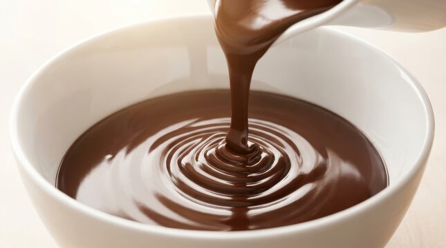 Smooth melted dark chocolate pouring into a white ceramic bowl, creating rich creamy swirls and ripples, close-up shot of a sweet dessert preparation.