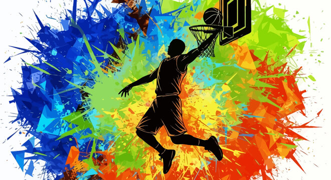 Basketball player silhouette dunking with colorful abstract background