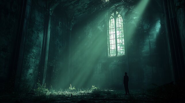 Figure standing in a decayed space illuminated by spectral light through an opening