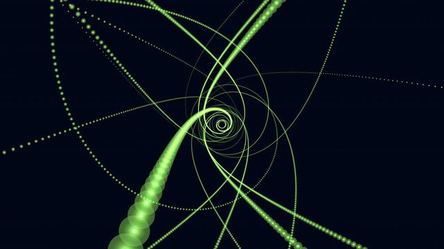 Glowing green particle streams and dotted lines swirl into a vortex on a dark background, creating a futuristic energy tunnel and digital network concept