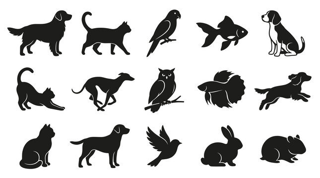 Pet Animal Silhouettes Vector Icons Collection - Dog, Cat, Bird, Fish, Rabbit, Hamster Glyphs