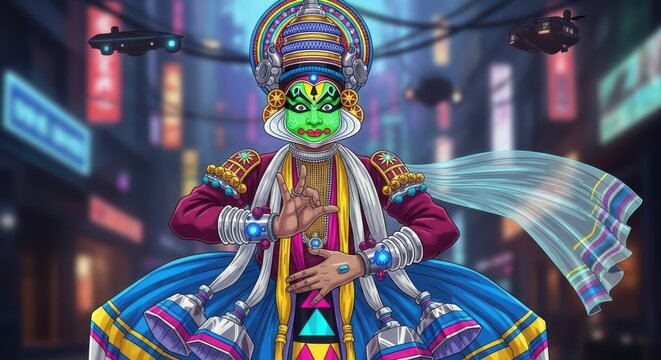 Colorful traditional dance costume worn by performer in vibrant urban setting with futuristic elements and neon lights