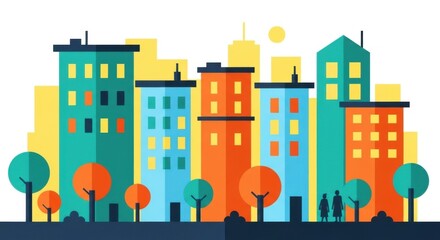 Obraz premium Vibrant Cityscape with Colorful Buildings and Lush Trees