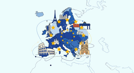 A stylized map of Europe highlighting EU countries with stars, surrounded by iconic European landmarks like the Eiffel Tower, Colosseum, and Brandenburg Gate. © Narutoab
