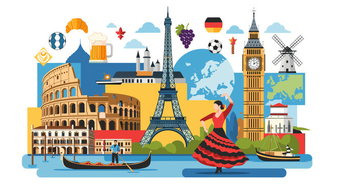 A vibrant illustration showcasing iconic European landmarks and cultural symbols, representing travel and tourism across the continent.