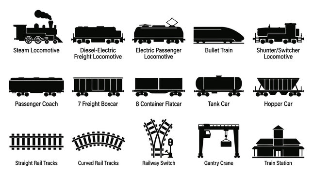 Black  White Vector Icons of Various Train Types and Railway Equipment