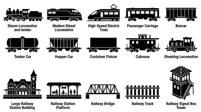 Railway Train Transportation Icons Set - Locomotives, Cars, Stations, Tracks Silhouette Vector