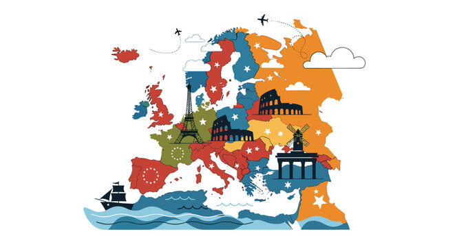 Colorful cartoon map of Europe with famous landmarks and travel icons representing tourism and cultural exploration.