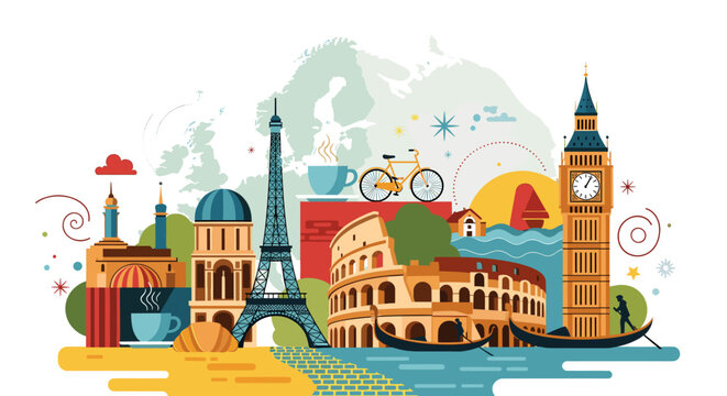 Colorful vector illustration of European travel landmarks and symbols including the Eiffel Tower, Colosseum, Big Ben, gondola, and bicycle, set against a map of Europe.