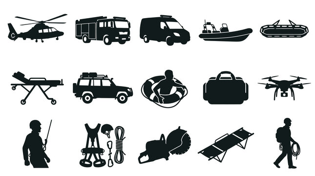 Emergency Services Rescue and First Responders Equipment Black  White Vector Glyphs Set