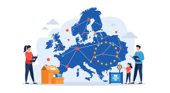 Illustration depicting European business connectivity, trade, logistics, and data analysis with people interacting around a map of Europe.