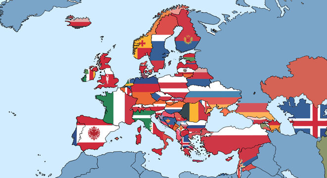 A Political Map of Europe Displaying National Flags Within Each Country's Borders.