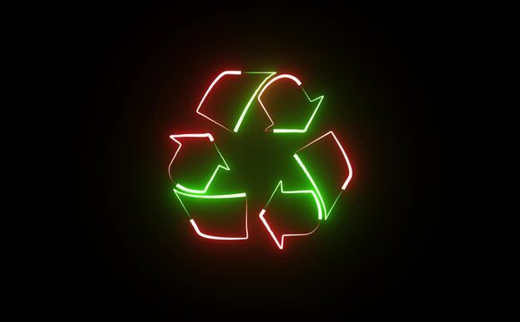 Glowing neon recycle symbol animation on black background with motion graphic clip.