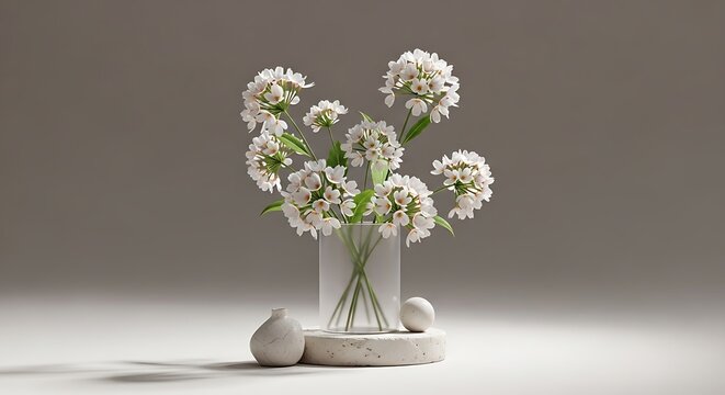 Minimalist composition with white agastache flowers in a frosted glass vase on a stone pedestal with decorative objects in a clean professional studio