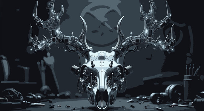 Cybernetic Deer Skull with Mechanical Antlers in Dark Studio Setting