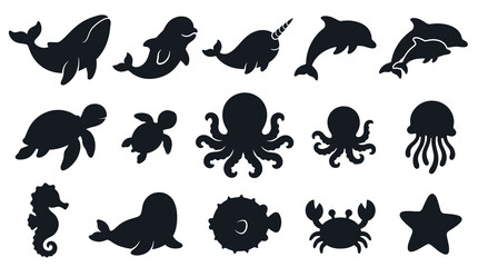 Obraz premium Flat Black Marine Animals Silhouette Icons Set for Ocean and Sea Life Designs