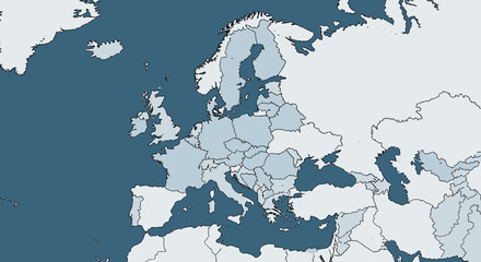 Naklejka premium Choropleth map of Europe showing varying shades of blue across countries, indicating data distribution or comparison.