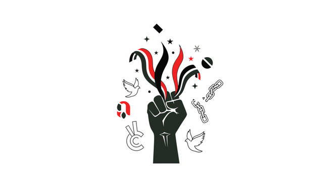 Raised fist with broken chains and doves represents freedom and hope.